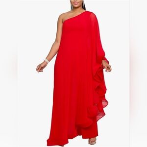 Elegant Red One-Shoulder Dressy Jumpsuit